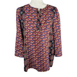Weekend by Suzanne Betro Red Blouse Pansy Print Flared Sleeves Size L EUC